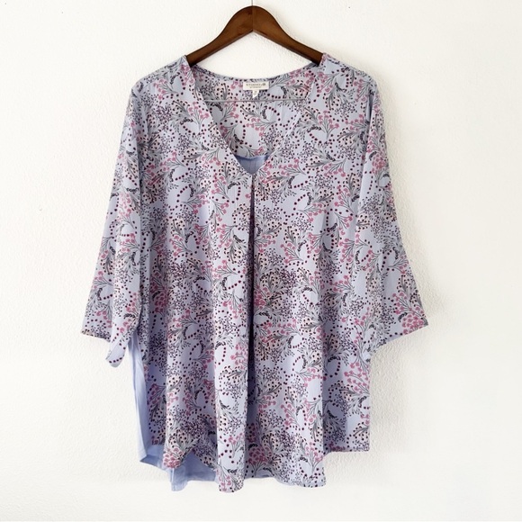 Pleat Front Ditsy Floral Blouse V Neck 3/4 Sleeve 2X Studio B Bobeau - Picture 1 of 10